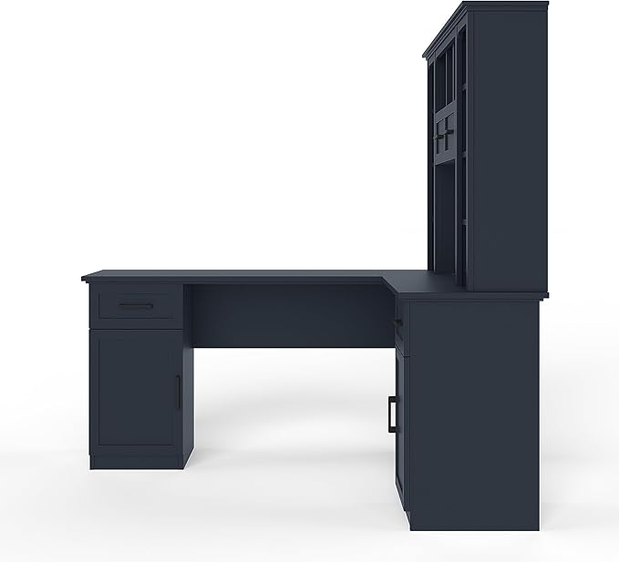 L-Shaped Home Executive Desk with 2 Cabinets and 2 Drawers Computer Desk with Power Outlet 11 Open Shelves and 1 Right Flip Shelf with Storage for Study Living Room and Office (Antique Blue-02)