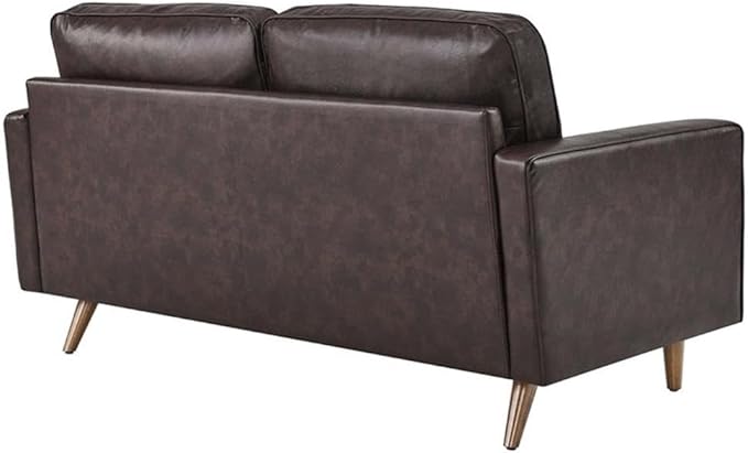 Pemberly Row Modern Leather Loveseat Dense Foam Padding Brown Finish Top Grain Upholstery 61.5 W x 32 D x 33.5 H Biscuit Tufting Walnut Stained Wood Legs Compact Living Room or Apartment