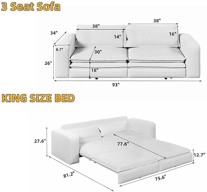 Polibi 93 King Size Convertible Sofa Bed 3-in-1 Sleeper to Recliner Wide Armrest Design with Storage Easy to Clean White