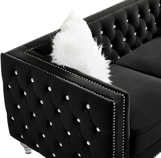 i-POOK 83 W 3 Seat Velvet Couch Chesterfield Sofa with 2 Plush Pillows Crystal Legs and Nailhead Trim Arms Button Tufted Black Couch for Living Room Office Guests Room