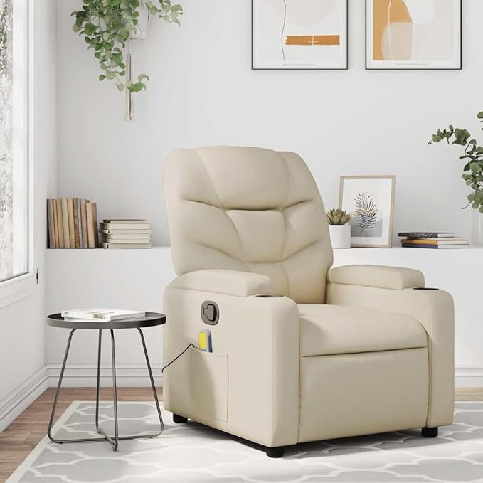 vidaXL Faux Leather Massage Recliner Chair in Cream - Manual Reclining Armchair with Cup Holders for Living Room Comfort