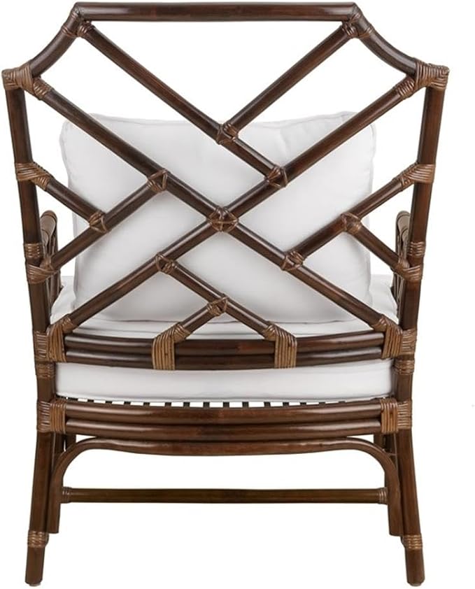 Pemberly Row Accent Arm Chair 17.5 Seat Height Rattan and Cotton Paloma Brown Finish Chinese Chippendale Style Removable Cushion Coastal or Classic Decor for Living Room or Bedroom