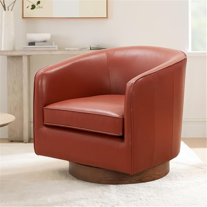 Pemberly Row Swivel Barrel Accent Chair Caramel Top Grain Leather Wood Base 28.5 W x 28.75 D x 28 H Comfortable Pocket Coil Seat Durable Upholstery Stylish Design for Living Room or Office