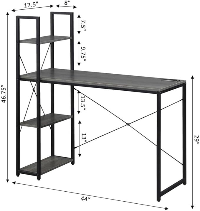 Pemberly Row Office Workstation Desk with Charging Station and Shelves Gray Wood Finish 44 in x 17.5 in x 46.75 in Black Metal Frame Home Office Desk with USB Ports and Storage Shelves