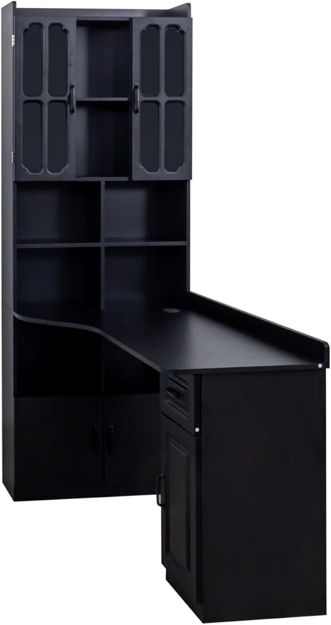 KEIKI Home Office Desks with Hutch Drawers Bookshelf Storage Cabinet &amp Glass Doors Modern Wooden Computer Corner Table for Work Study Writing