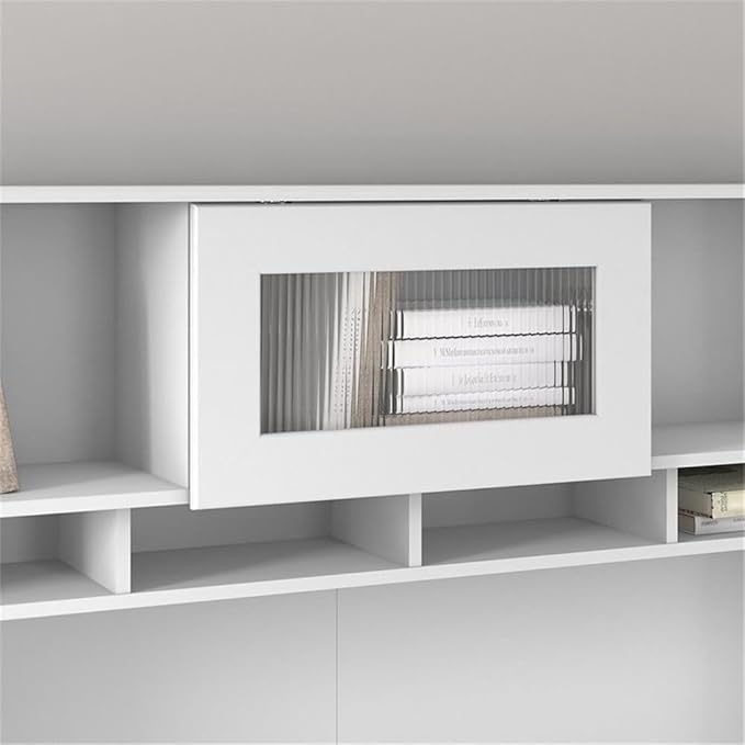Pemberly Row 60W L Shaped Computer Desk with Hutch White Finish Storage Cabinet File Drawer Adjustable Shelf Fluted Glass Door Home Office Desk for Corner Workspace