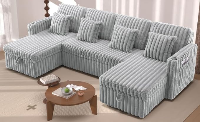 KEIKI 107 U-Shaped Convertible Corduroy Sectional Sofa with Double Storage Chaise &amp Square Arms &amp Pull-Out Bed Oversized Fluffy 5-Seater Sleeper Couch Easy Assembly for Living Room Light