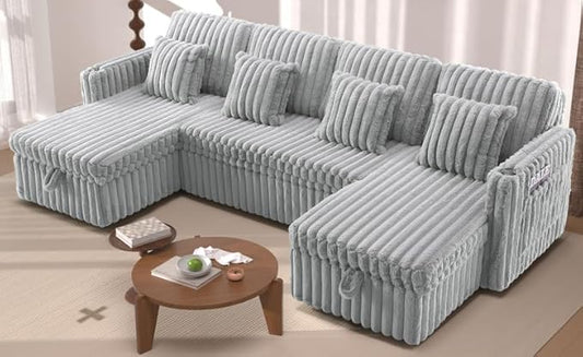 KEIKI 107 U-Shaped Convertible Corduroy Sectional Sofa with Double Storage Chaise &amp Square Arms &amp Pull-Out Bed Oversized Fluffy 5-Seater Sleeper Couch Easy Assembly for Living Room Light