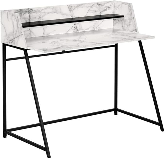 Pemberly Row 48 in Computer Desk White Marble Look Laminate Black Metal Base Hutch with Shelf Contemporary Home Office Laptop or Writing Table Compact Space-Saving Design