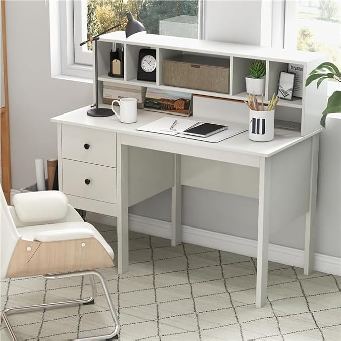 LDAILY Modern Home Office Desk with Hutch Office Desk with USB Charging Ports and Power Outlets Computer Desk with 5 Storage Cubbies and 2 Drawers Writing Study Desk for Bedroom (White)