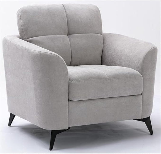BOWERY HILL Accent Chair Light Gray Velvet Fabric Tufted Cushion Black Metal Legs Pocket Coil Seating Removable Back Cushion Modern Style Living Room or Formal Gathering Chair