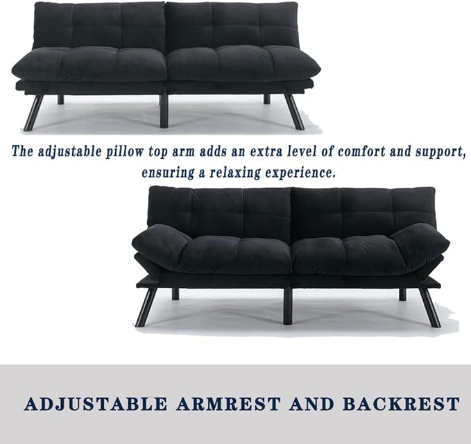 71 Velvet Futon Sofa Bed Modern Convertible Futon Sofa Bed Couch Adjustable Armrests and Backrest Sofa Sleeper for Living Room Small Space Apartment Office