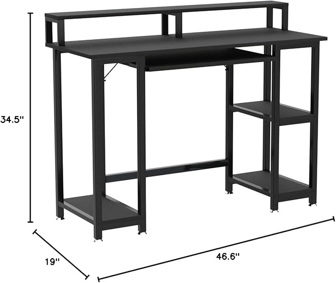 JSungo Small Computer Desk with Monitor Stand 47 Inch Home Office Desk with 2 Tier Storage Shelf for Small Space Sturdy Writing Gaming Table with Keyboard Tray and CPU Shelf Black