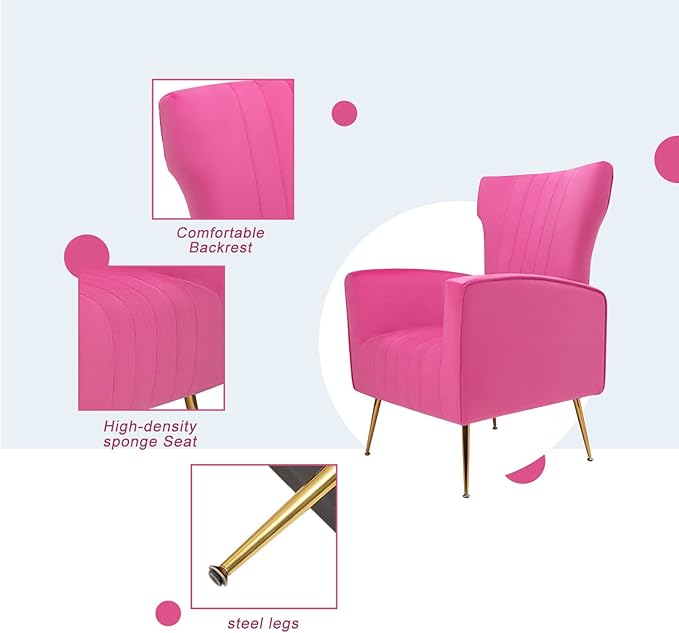 Velvet Accent Chair Wingback Arm Chair with Gold Legs Upholstered Single Sofa for Living Room Bedroom