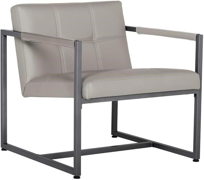 Pemberly Row Small Accent Chair Metal and Leather Pewter Finish Off White Mushroom Color 27.5 W x 30.5 D x 29.25 H Mid-Century Style Living Room or Office Seating Durable Powder-Coated Frame