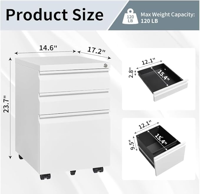 3 Drawer File Cabinet with 4 Wheels Capacity 120 Lb Locking File Cabinet- for A4 Letter-Head Legal-Size Folders - for Office&ampStudy White