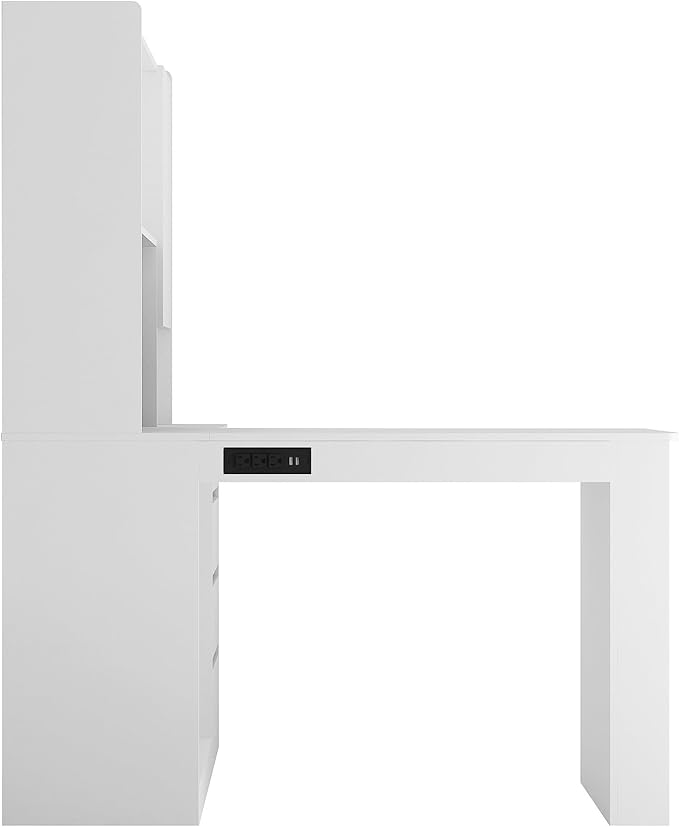 White L-Shaped Home Office Desk with Hutch &amp Drawers Modern Corner Desk with LED Light &amp Bookshelf Wood Study Writing Table Gaming Computer Desk for Bedroom Home