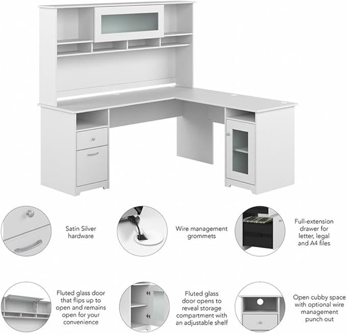 Pemberly Row 72W L-Shaped Computer Desk with Hutch Engineered Wood White Finish Built-in Wire Management Storage Cabinet File Drawer Adjustable Shelves Home Office Desk with Stable Design