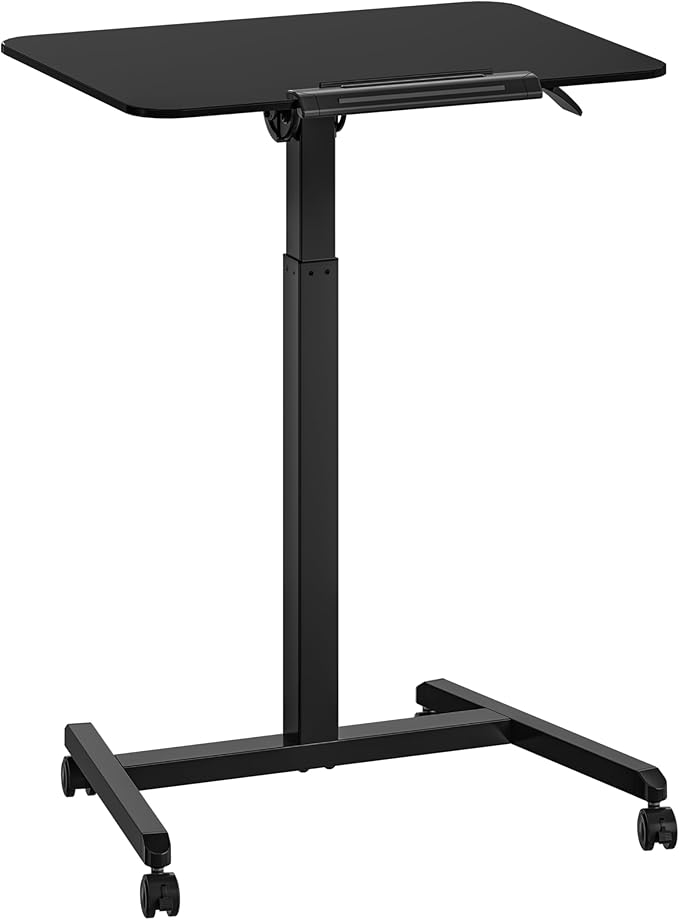 Seville Classics Airlift Height Adjustable Pneumatic Laptop Sit Stand Desk Mobile Rolling Cart Computer Workstation for Home Office Classroom Black 25.6 Tilting Desktop