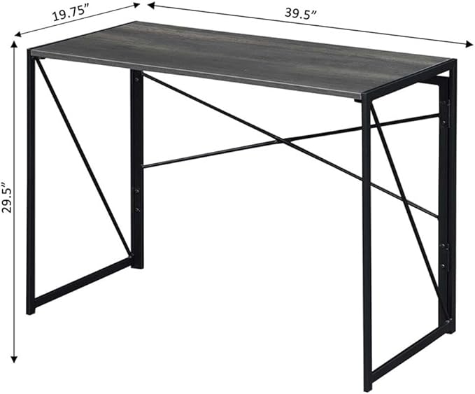 Pemberly Row Folding Desk 39 in L x 19.75 in W x 29.5 in H Gray Wood Finish Black Powder-Coated Metal Frame Compact Particleboard Workspace Easy Assembly Home Office or Study Desk