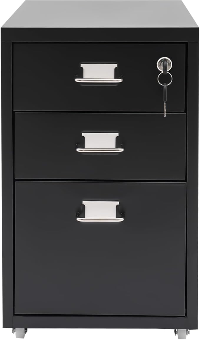 File Cabinet 3 Drawer Mobile Metal Storage Cabinets with Lock and Wheels Vertical Filing Cabinet Under Desk Document Classification Organizer for Office Home Study Dresser (Black)