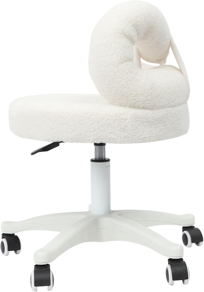 Vanity Chair with Cute Bow Backrest Adjustable Height Bedroom Vanity Stool Roller Chair with 5 Wheels White Make-up Chair Armless Dressing Chair for Bedroom Living Room