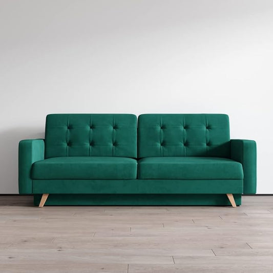Meble Furniture Modern Mid-Century Sleeper Sofa — Queen Size Convertible Bed — Spacious Under-Seat Storage 85.5 x 36.5 x 34.5 inches — Dark Green | Versatile Sleeper Durable Hardwood Comfortable Pl