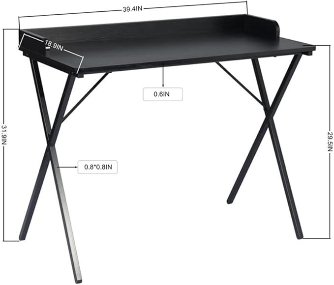 Pemberly Row Modern Black Wood Writing Desk 39.4 in x 18.9 in Metal Frame Sleek Finish Compact Design Spacious Desktop for Home Office Study or Computer Use