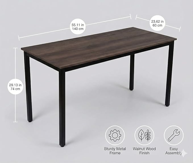 55 inch Large Computer Desk Wood Modern Simple Style Desk for Home Office Bedroom Study Student Writing Desk Small Spaces Black Metal Frame Walnut Top