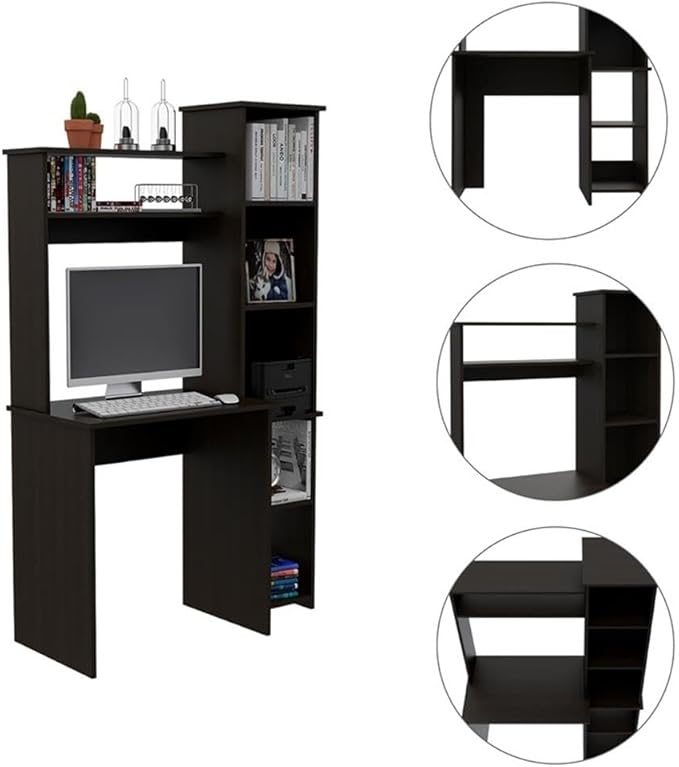 BOWERY HILL Modern Engineered Wood Home Office Desk Black Wengue Finish 63.9 H x 39.7 W x 17.8 D Hutch with Shelves Side Bookcase Space-Saving Design Ideal for Small Home Office