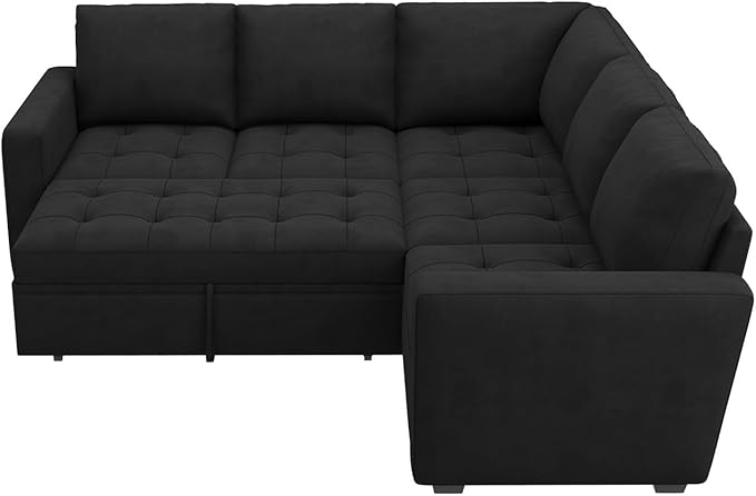 HONBAY Modular Sectional Sleeper Sofa with Pull Out Bed Velvet Convertible L Shaped Couch with Storage Seat Sectional Couches for Living Room Black