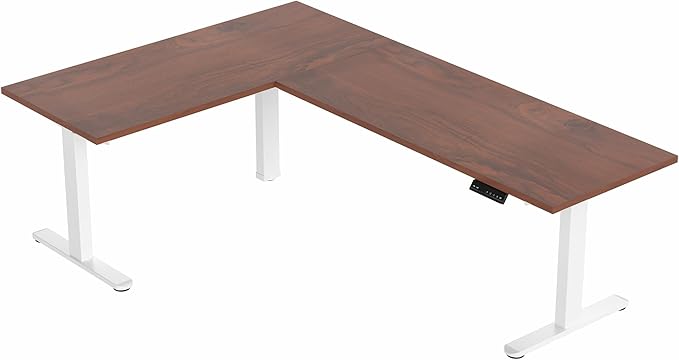 VIVO Electric 78 x 55 inch Square Corner Memory L Shaped Stand Up Desk Dark Walnut Table Top White Frame Corner Height Adjustable Workstation 3E-S Series DESK-KIT-3E5SWD