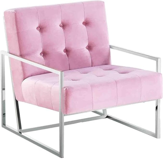 Pemberly Row Velvet Accent Chair 31.5 Wide Pink Upholstery Silver Plated Stainless Steel Frame Modern Design 30 Tall Comfortable Living Room or Bedroom Seating
