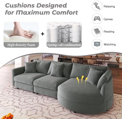 105 Modern Modular Sectional Sofa Chenille Fabric 3-Piece Sectional Sofa with Curved Chaise and 3 Throw Pillows Perfect for Living Rooms Offices and Apartments (Grey102)
