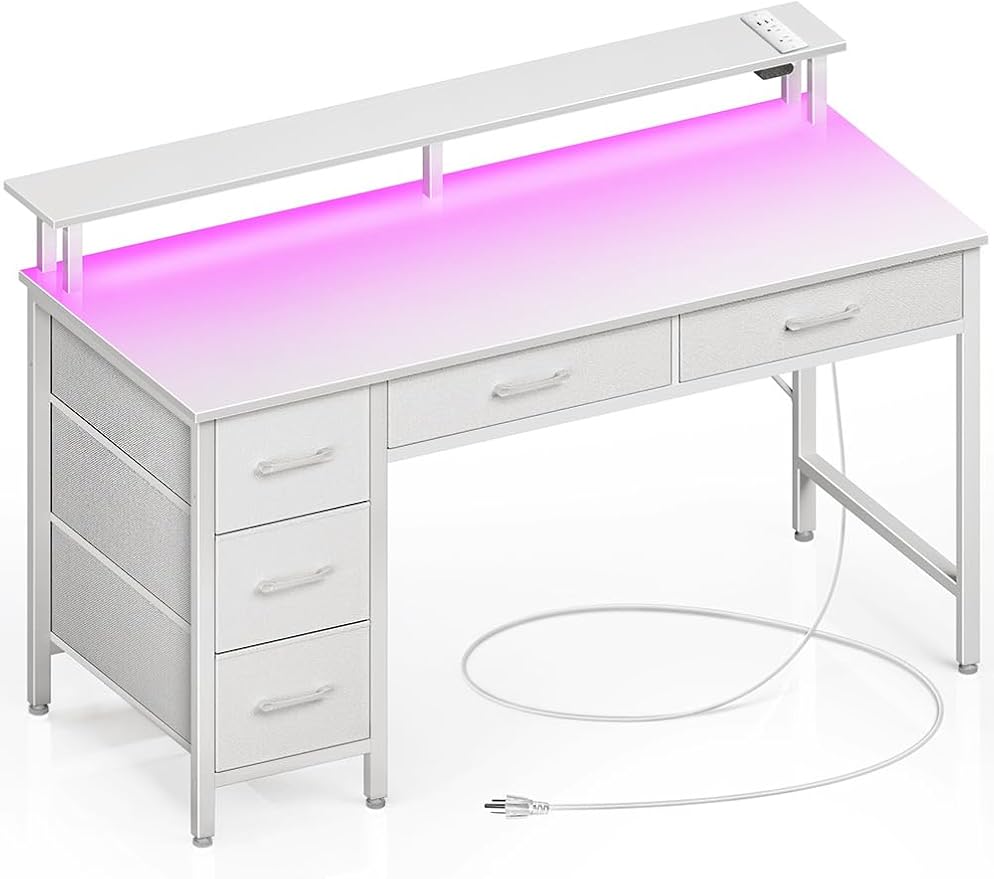 Seventable Computer Desk with Power Outlets &amp LED Light 55 inch Home Office Desk with 5 Drawers Writing Desk with Monitor Stand Work Desk for Home Office White