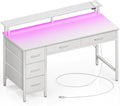 Seventable Computer Desk with Power Outlets &amp LED Light 55 inch Home Office Desk with 5 Drawers Writing Desk with Monitor Stand Work Desk for Home Office White