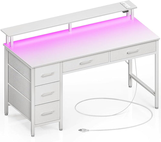 Seventable Computer Desk with Power Outlets &amp LED Light 55 inch Home Office Desk with 5 Drawers Writing Desk with Monitor Stand Work Desk for Home Office White