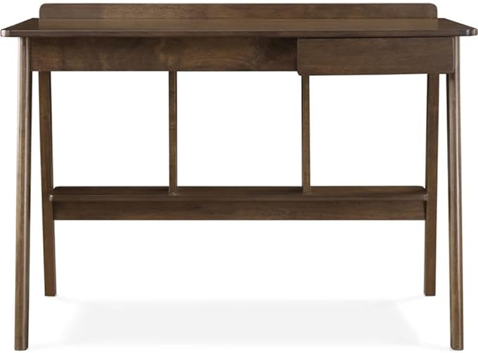 UrbanPro Modern Writing Desk Brown Wood Finish Mid-Century Contemporary Design Slim Profile with Drawer and Shelf Functional Home Office Desk for Small Rooms or Apartments
