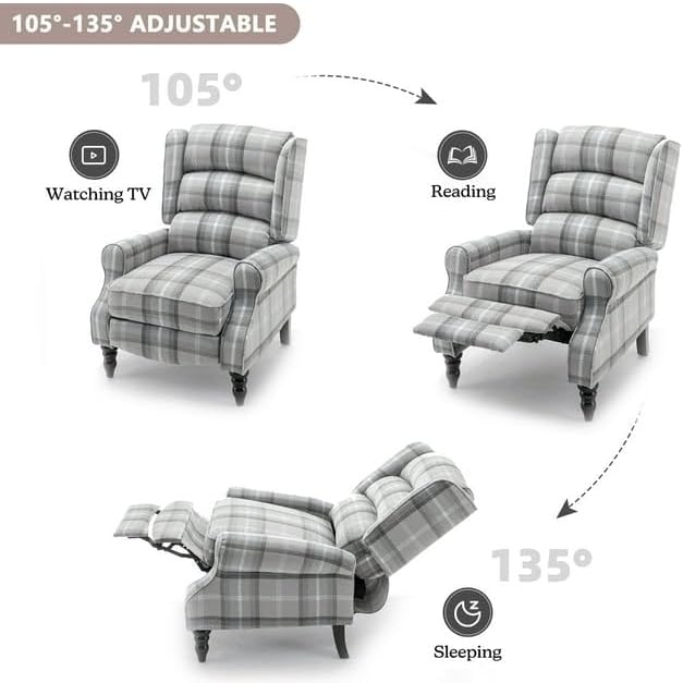 Upholstered Wingback Recliner Chair Plaid Recliner Chair Armchair Adjustable Footrest Push Back Reclining Sofa Mid-Century Modern Lounge Armchair for Living Room Bedroom Reading - Blue