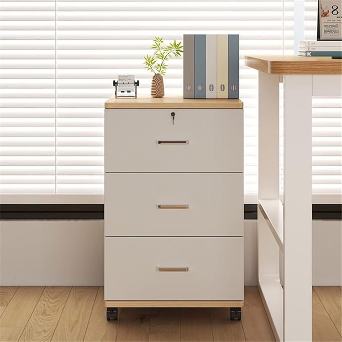 File Cabinets Wooden Thickened Under-Desk Filing Cabinet Movable Office Simple Lockable Storage Bedroom Bedside File Storage Cabinets(White)
