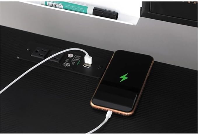 Pemberly Row Wood Writing Desk 57.5 H x 46.5 W x 20.5 D Black and Gunmetal Finish USB Ports Wireless Charger Whiteboard Modern Space-Saving Design Multifunctional Home Office Desk with