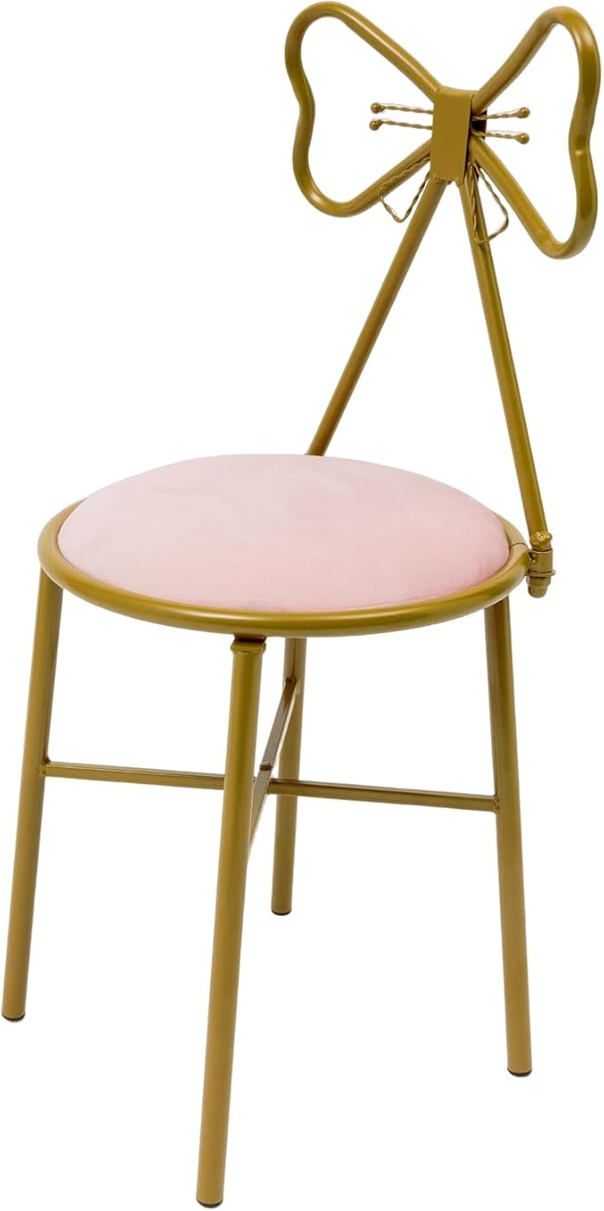 Small Cute Vanity Chair Knot Backrest Vanity Stool with Back Modern Makeup Chair Gold Lounge Chair for Living Room Bedroom Kitchen (Light Pink)