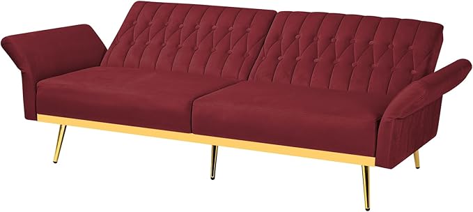 70 Velvet Futon with Adjustable Backrest and Armrests Sofa Bed with Extra Pillows for Waiting Room Living Room and Office Red