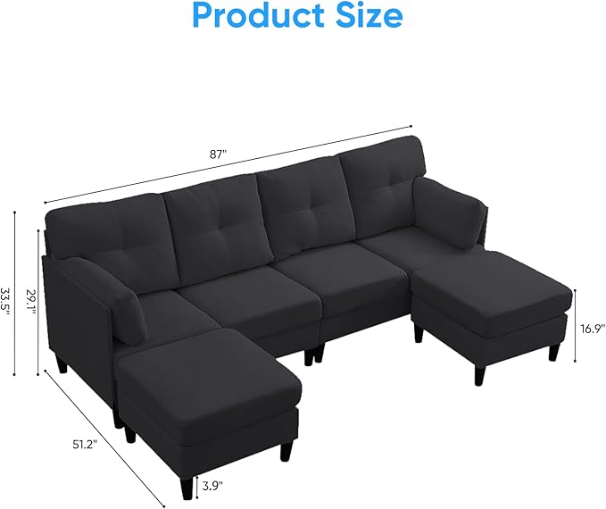 PUREMIND Sectional Couches for Living Room Modern Snow Velvet U-Shaped Sofa Couch with Double Chaise Upholstered 4 Seater Sofa with Double Chaise for Living Room Apartment Office Dark Grey