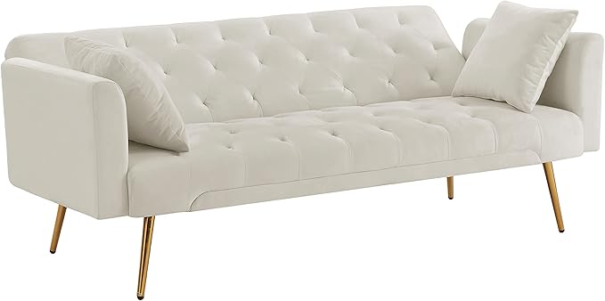 Modern Velvet Sofa Bed Futon with 2 Pillows2-in 1 Convertible Sleeper Couch BedFolding Recliner Loveseat with Golden Metal Legs for Living Room Apartment Office (Beige)