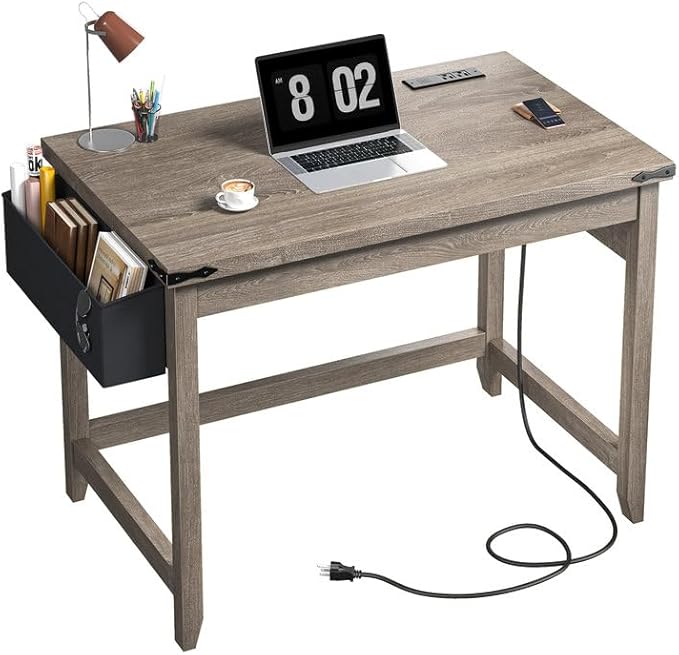 EnHomee 32 Small Desk Thickened &amp Reinforced with Power Outlet Sturdy Computer Desk with Storage Bag DetachableAffordable Luxury Home Office Desk and Writing Desk for Small SpacesAsh Gray