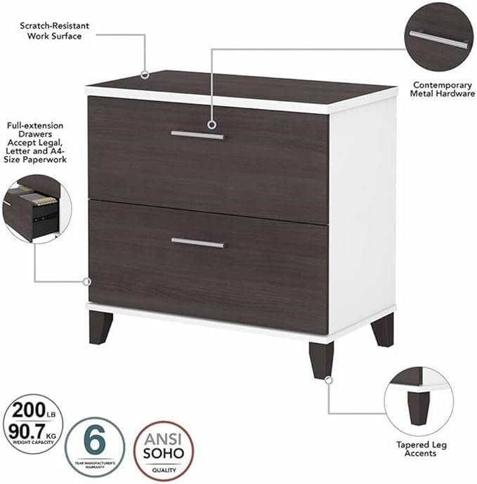 Pemberly Row 2 Drawer Wood Lateral File Cabinet White and Storm Gray Finish 30W x 17D x 29H Full-Extension Ball Bearing Slides Transitional Style Home Office Storage Furniture for Documents