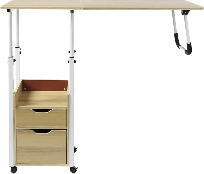 Home Office Desk with Wheels Movable Bedside Table with Plastic Drawers Height Adjustable Over Bed Desk for Laptop White for Home Office Study (Light Wood + White)
