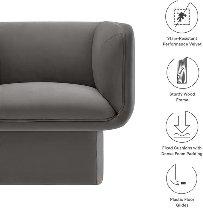 Pemberly Row Modern Performance Velvet Accent Chair Storm Gray Upholstery Dense Foam Padding Fixed Cushions Sturdy Wood Frame French Piping Bedroom Living Room or Office Seating