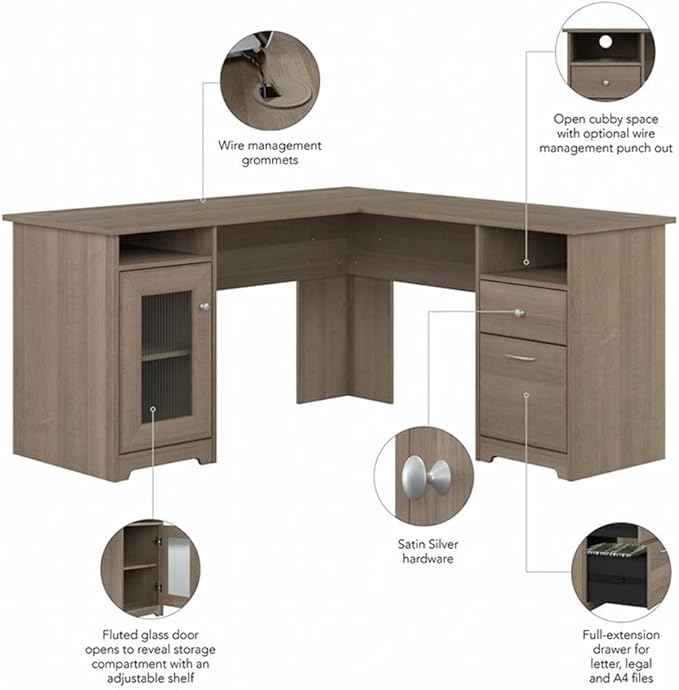 BOWERY HILL 60W L Shaped Computer Desk Ash Gray Finish 59.45x59.45x30 in Durable Wood Built-in Wire Management Fluted Glass Door Storage Cabinet Box and File Drawers Home Office Desk